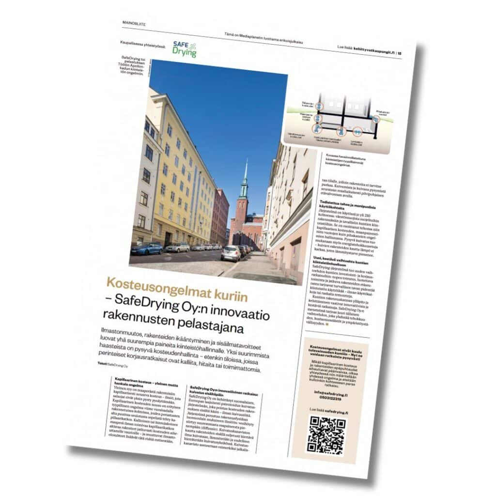 Kuvassa Kauppalehti: Tulevaisuuden Kaupungit & Kunnat -julkaisun sivu 15, SafeDrying artikkeli; kosteusongelmat kuriin - SafeDrying Oy:n innovaatio rakennusten pelastajana
